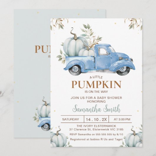 Jongens Blauw Pompoen Truck Foliage Baby shower Kaart (Voorkant / Achterkant)