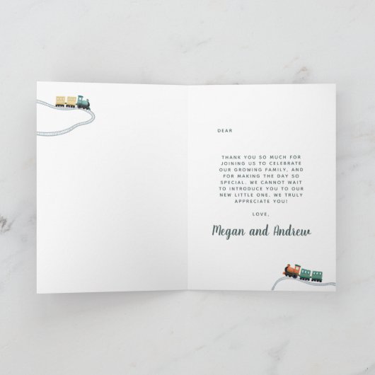 Jongens Blauw Trein Schattig Dank u Baby shower Bedankkaart (Binnen)