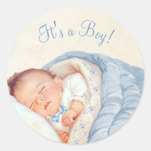 Jongens Blauw Vintage Baby Shower Ronde Sticker