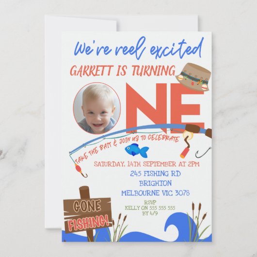 Jongens Blauw Vissen We're Reel Opgewonden 1e verj Kaart (Voorkant)