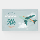 Jongens Blauw Vliegtuig Reizen Verjaardag Welkom Spandoek (Horizontaal)