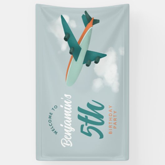 Jongens Blauw Vliegtuig Reizen Verjaardag Welkom Spandoek (Verticaal)
