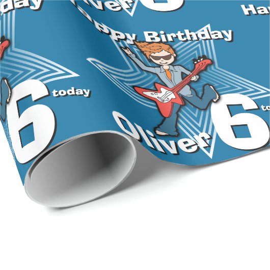Jongens blauw Voeg je leeftijd en naam rockstar wr Cadeaupapier (Rol Hoek)