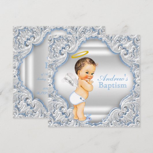 Jongens Blauw Wit Engel Jongen Baby Doop Kaart (Voorkant / Achterkant)