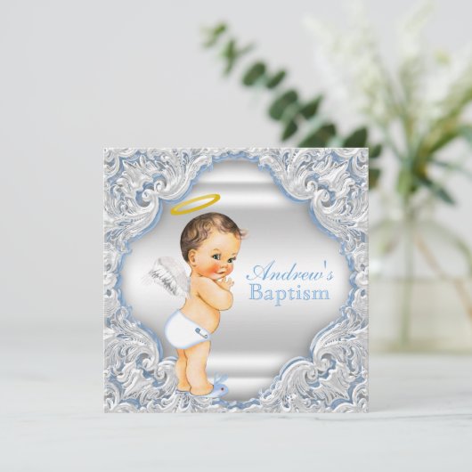 Jongens Blauw Wit Engel Jongen Baby Doop Kaart (Staand voorkant)
