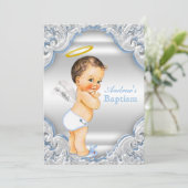 Jongens Blauw Wit Engel Jongen Baby Doop Kaart (Staand voorkant)