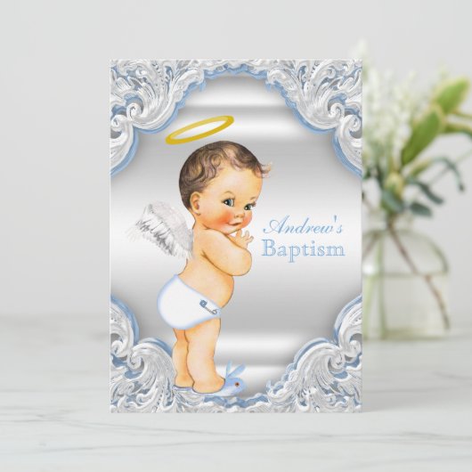 Jongens Blauw Wit Engel Jongen Baby Doop Kaart (Staand voorkant)