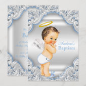 Jongens Blauw Wit Engel Jongen Baby Doop Kaart (Voorkant / Achterkant)