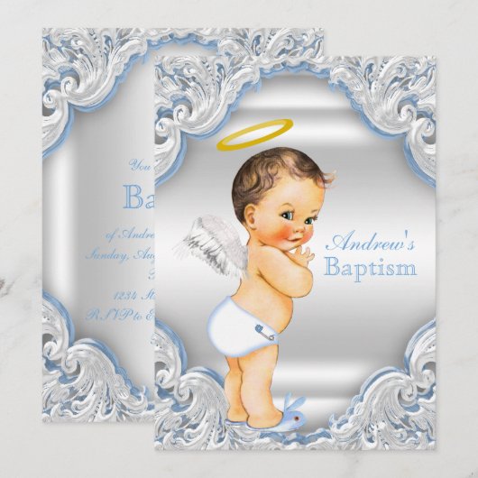 Jongens Blauw Wit Engel Jongen Baby Doop Kaart (Voorkant / Achterkant)