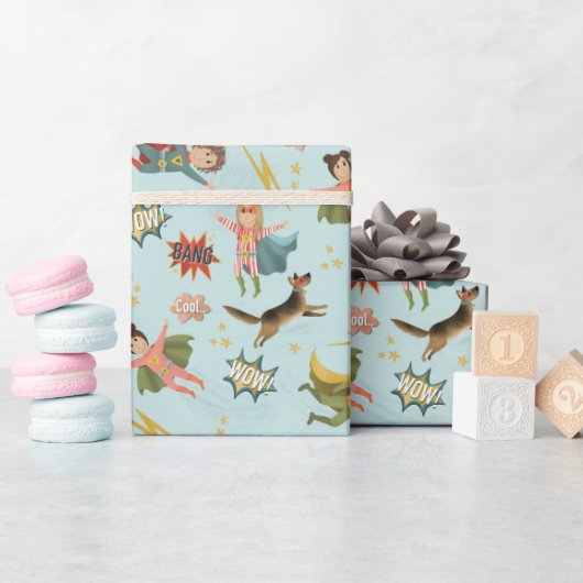 Jongens Blauwe Actie Superheld Kids Verjaardag Cadeaupapier (Baby Shower)