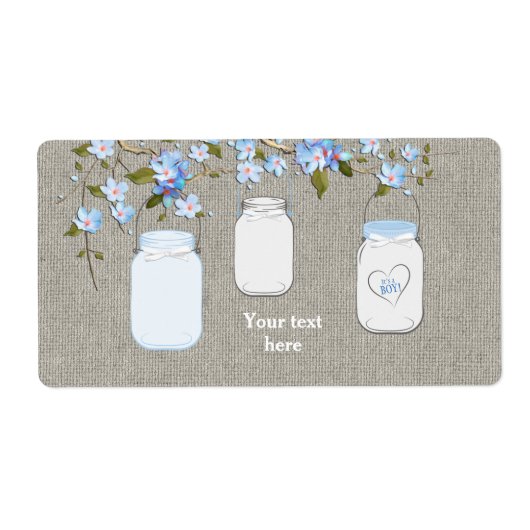 Jongens Blauwe Burlap Mason Jar Waterfles Labels (Voorkant)
