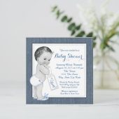 Jongens Blauwe Denim Baby Shower Kaart (Staand voorkant)