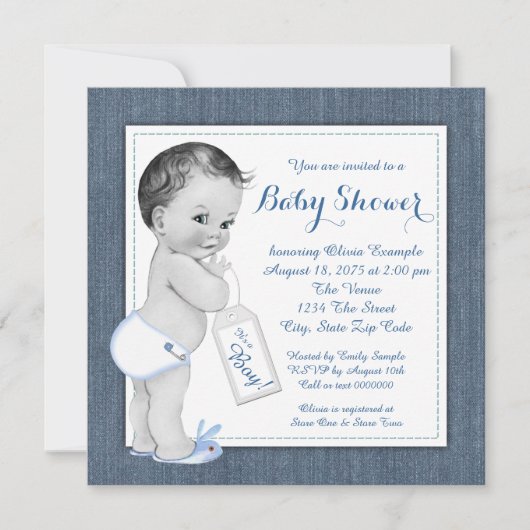 Jongens Blauwe Denim Baby Shower Kaart (Voorkant)
