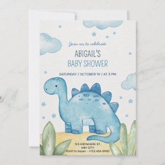 Jongens Blauwe Dinosaur Baby Shower Uitnodiging