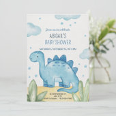 Jongens Blauwe Dinosaur Baby Shower Uitnodiging (Staand voorkant)