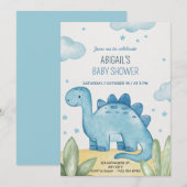 Jongens Blauwe Dinosaur Baby Shower Uitnodiging (Voorkant / Achterkant)