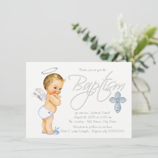Jongens Blauwe Engel Doop Kaart (Staand voorkant)