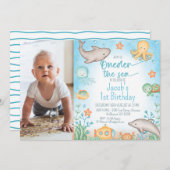 Jongens Blauwe Foto Oneder het Zee 1e verjaardag Kaart (Voorkant / Achterkant)
