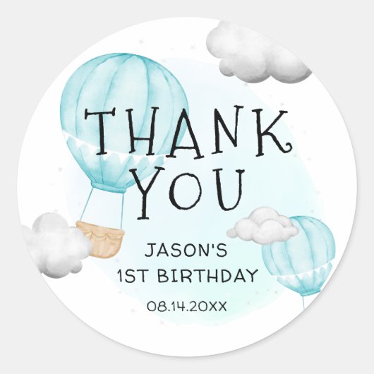 Jongens Blauwe Hete Luchtballon 1e Verjaardag Dank Ronde Sticker (Voorkant)