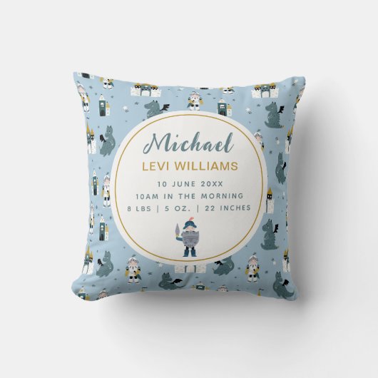 Jongens Blauwe Ridder Kasteel Dragon Geboorte Stat Kussen (Voorkant)