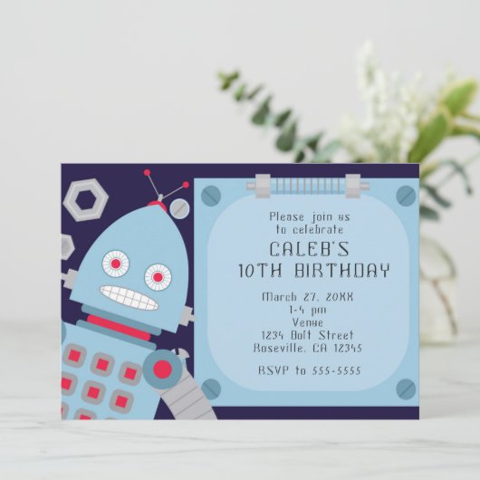 Jongens Blauwe Robot Aangepaste Verjaardagsfeestui Kaart (Staand voorkant)