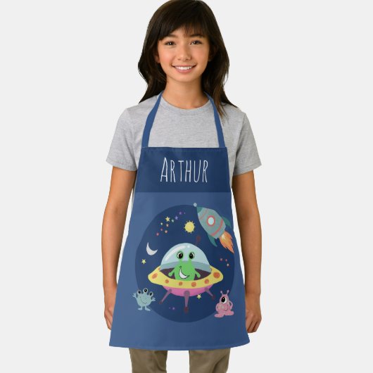 Jongens Blauwe Schattigee Ruimte Alien en Naam Schort (Insitu)