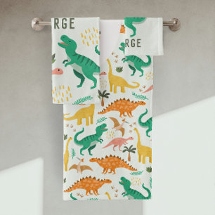 Jongens Blauwe T-Rex Jungle Dinosaur Monogram Kind Bad Handdoek