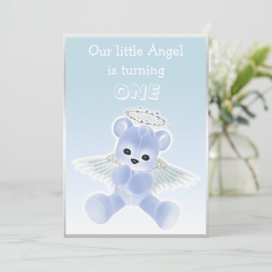 Jongen's Blue Angel Teddy Bear First Birthday Part Kaart (Staand voorkant)