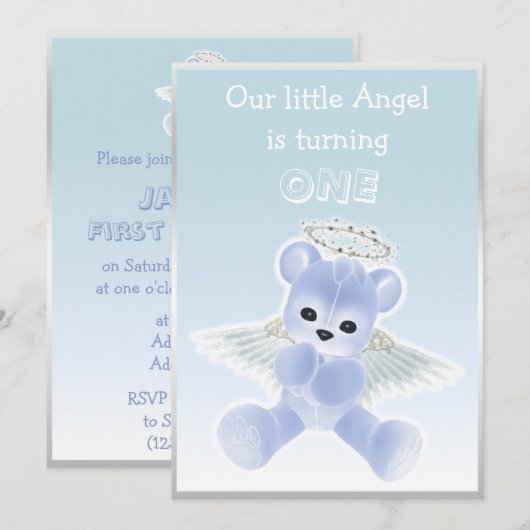 Jongen's Blue Angel Teddy Bear First Birthday Part Kaart (Voorkant / Achterkant)