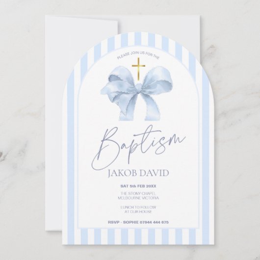 Jongens Blue Bow en Stripe Arch Doop Uitnodiging (Voorkant)