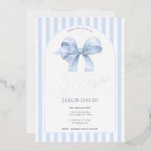Jongens Blue Bow en Stripe doop uitnodiging