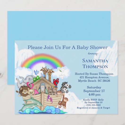 Jongen's Blue Noah's Ark Baby shower Uitnodiging (Voorkant / Achterkant)