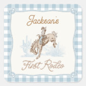 Jongens Blue Plaid Cowboy 1st Rodeo Vierkante Sticker (Voorkant)