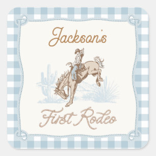 Jongens Blue Plaid Cowboy 1st Rodeo Vierkante Sticker