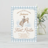 Jongens Blue Plaid Cowboy Eerste Rodeo 1e verjaard Kaart (Staand voorkant)