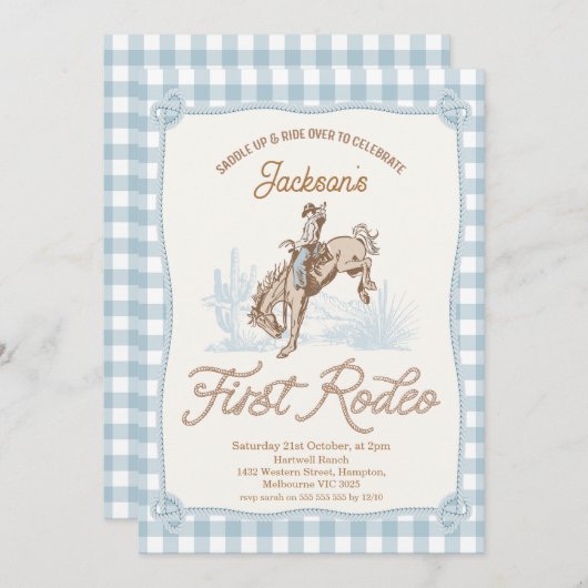 Jongens Blue Plaid Cowboy Eerste Rodeo 1e verjaard Kaart (Voorkant / Achterkant)