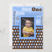 Jongen's Blue Polka Dots Baby's First Birthday Fot Kaart (Voorkant)