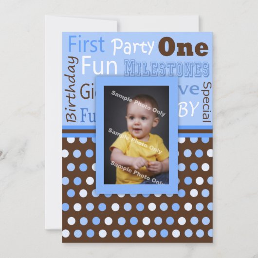 Jongen's Blue Polka Dots Baby's First Birthday Fot Kaart (Voorkant)