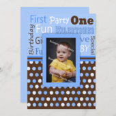 Jongen's Blue Polka Dots Baby's First Birthday Fot Kaart (Voorkant / Achterkant)