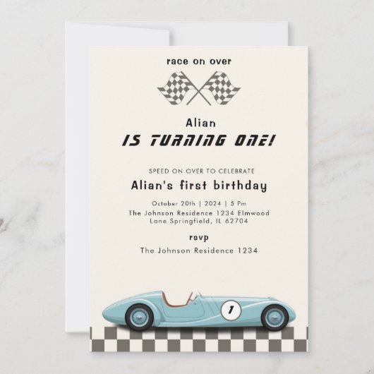 Jongens  Blue Race Auto 1e Verjaardagsfeest Kaart (Voorkant)