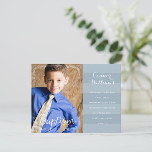 Jongens Blue Stripe Doop Uitnodiging (Staand voorkant)