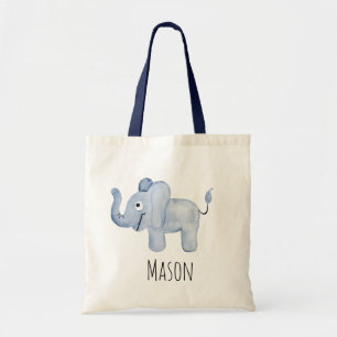 Jongen's Blue Waterverf Baby Elephant Safari Name Tote Bag