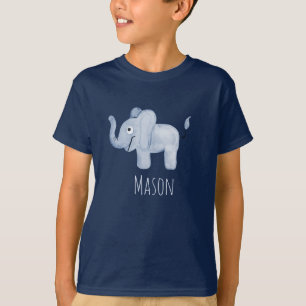 Jongen's Blue Waterverf Elephant Safari met naam T-shirt