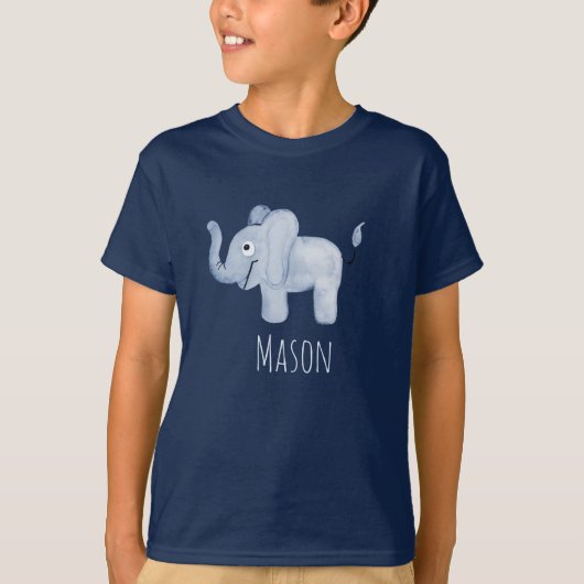 Jongen's Blue Waterverf Elephant Safari met naam T-shirt (Voorkant)