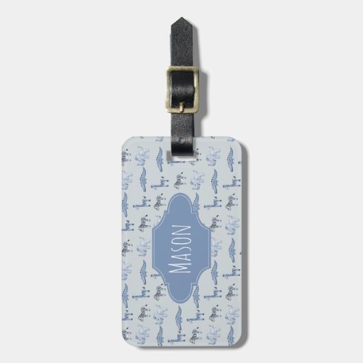 Jongen's Blue Waterverf Safari Pattern Kinder Name Bagagelabel (Voorkant verticaal)