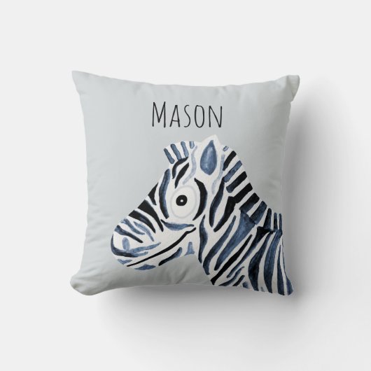 Jongen's Blue Waterverf Zebra Safari Baby Nursery Kussen (Voorkant)