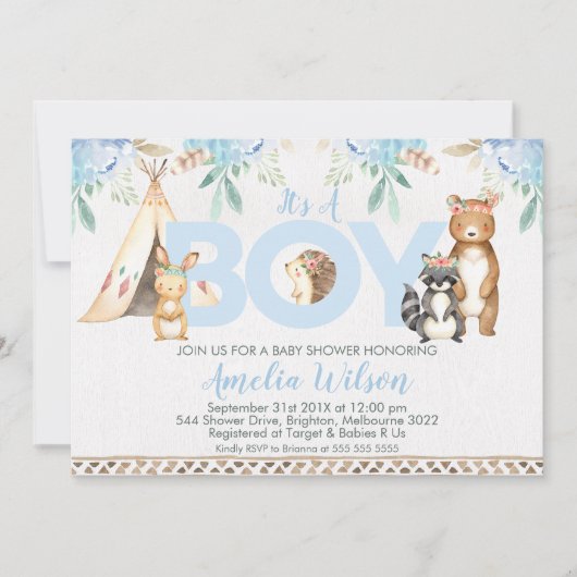Jongens Boho Woodland Baby Shower Uitnodiging (Voorkant)