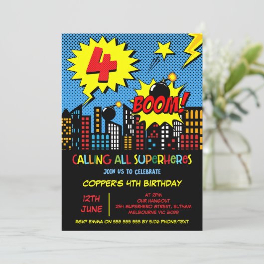 Jongens Boom Comic Superhero 4e verjaardag Kaart (Staand voorkant)