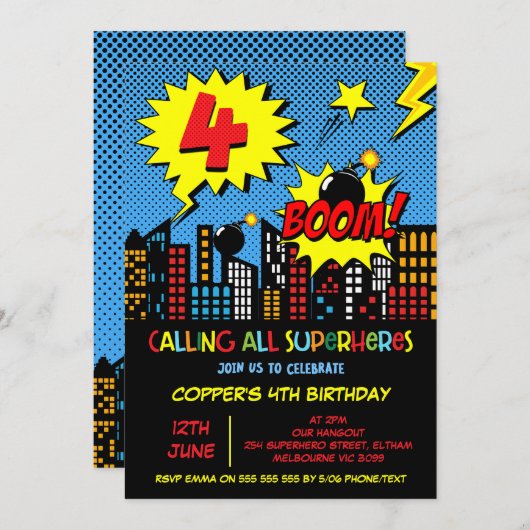 Jongens Boom Comic Superhero 4e verjaardag Kaart (Voorkant / Achterkant)