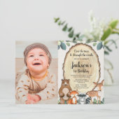 Jongens bosdieren eerste 1e verjaardag foto kaart (Staand voorkant)